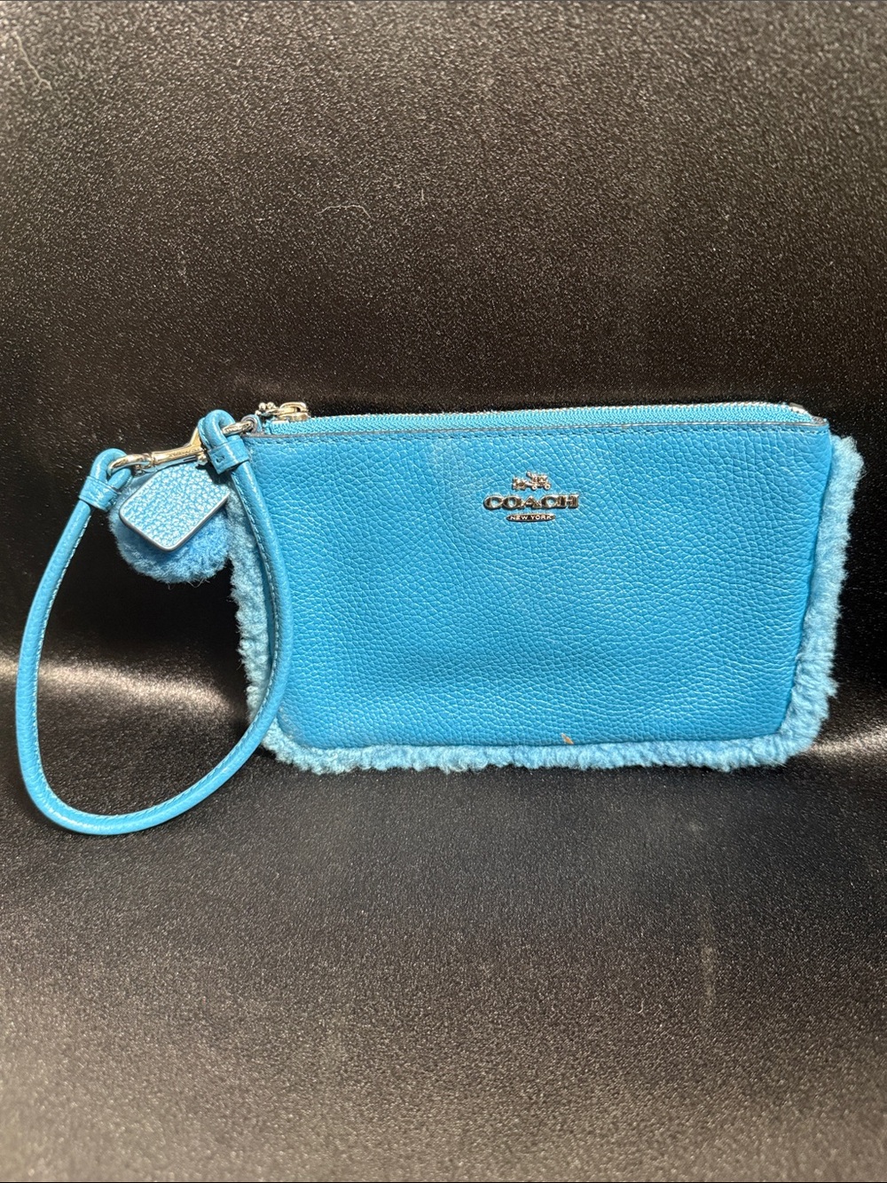 Coach Turquoise Blue Leather & Shearling Wristlet